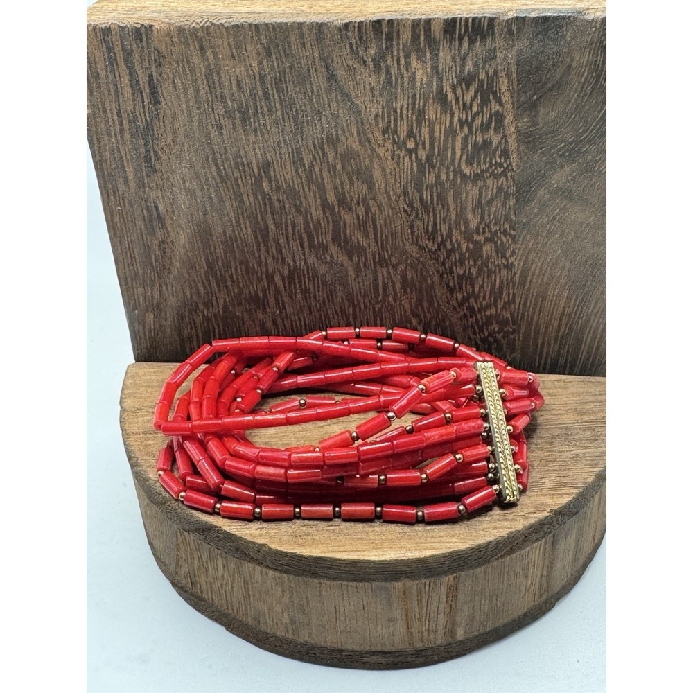 Vintage Red Coral Tube Beads Multi 10 Strand Bracelet Ornate Stretch